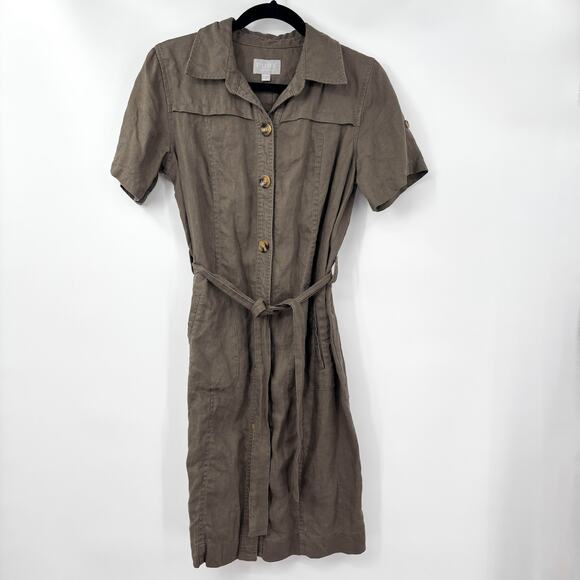 Pure Collection Linen Button Front Midi Shirt Dress Belted Brown Pockets, Size 6 - Picture 2 of 9